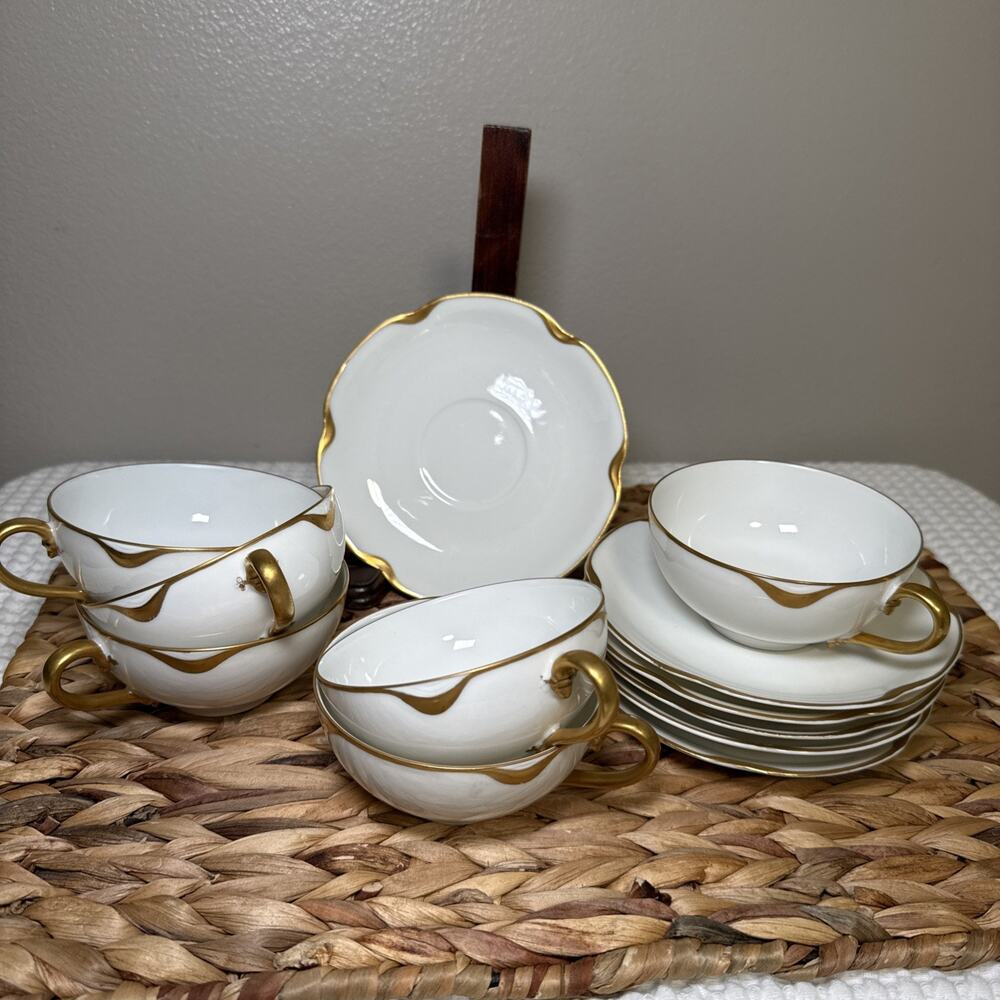 Haviland Limoges France Coffee Tea Cups Saucers Set of 6 White Gold Trim Antique